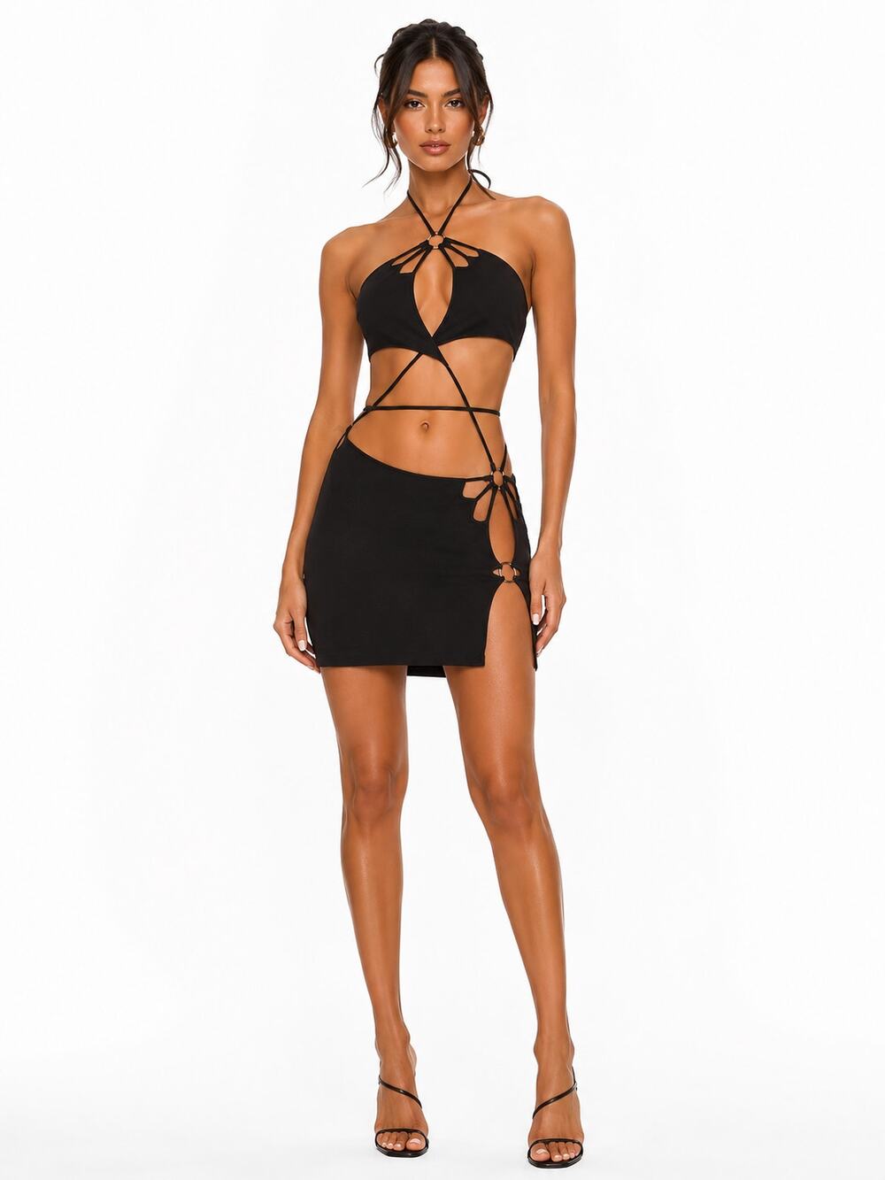 h:ours | Simone Mini Dress in Black Halter Asymmetric Cut Out Clubwear XS